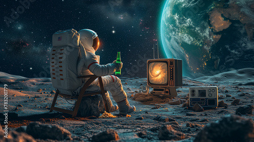 An astronaut in a space suit sits on the planet drinking beer and watching TV against the backdrop of the planet Earth. photo
