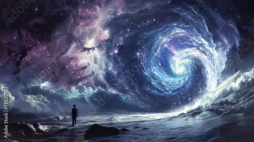 Man Standing Alone on Shore Observing a Cosmic Whirlpool Galaxy