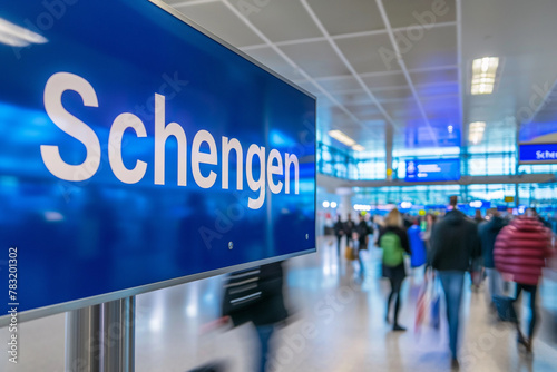 Close-Up of Schengen Sign at Bustling Airport Terminal with Travelers in Motion with Copy Space