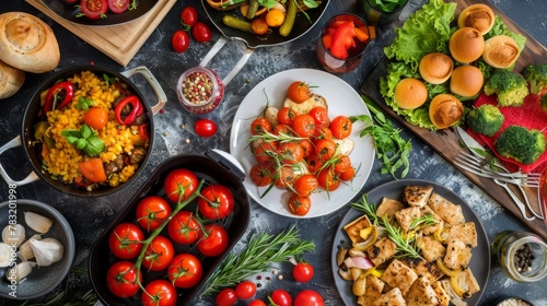 A top-down view of a table with healthy food prepared in an air fryer, showcasing delicious and nutritious meals