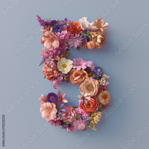 Colorful number five made of various flowers isolated on pastel background. Spring theme. The date for the celebration, card, banner, copy space