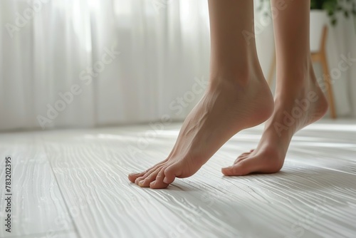 Barefoot on white wooden floor. Close up view of bare foots walking at minimalistic cozy home background. Skin care, cosmetology, health concept. Healthcare and podiatry. Heated warm floor. Legs, heel