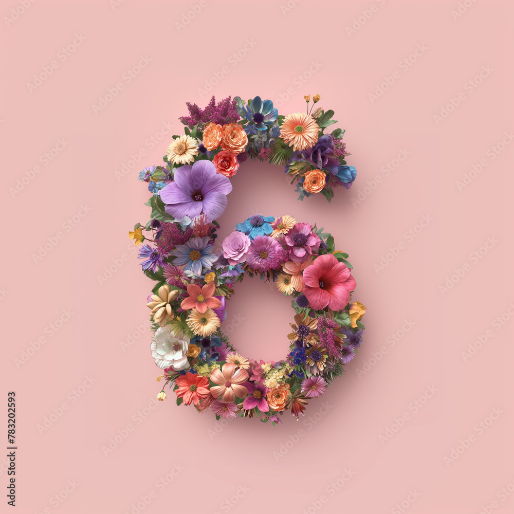 Colorful number six made of various flowers isolated on pastel pink background. Spring theme. The date for the celebration, card, banner, copy space