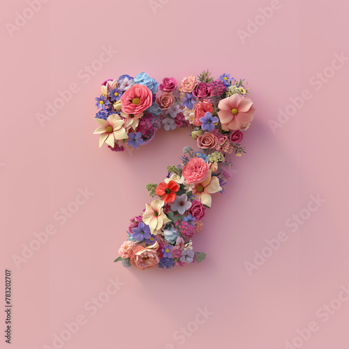 Colorful number seven made of various flowers isolated on pastel pink background. Spring theme. The date for the celebration, card, banner, copy space © Femmes.Digital