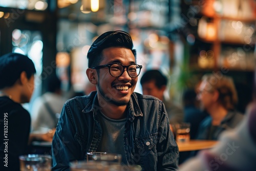 Asian millennial man sitting at cafe or bar with his friends, talking, smiling, drinking beer. They are laughing enjoying drinks and food in a pub indoors. Lifestyle, friendship, youth and fun. photo