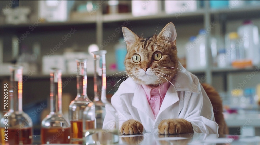 A curious cat scientist wears a lab coat, surrounded by lab equipment, portraying a humorous take on research.