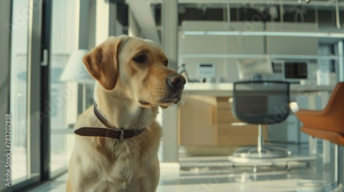 A contemplative Golden Retriever in a modern office setting, providing a pet-friendly workplace theme.