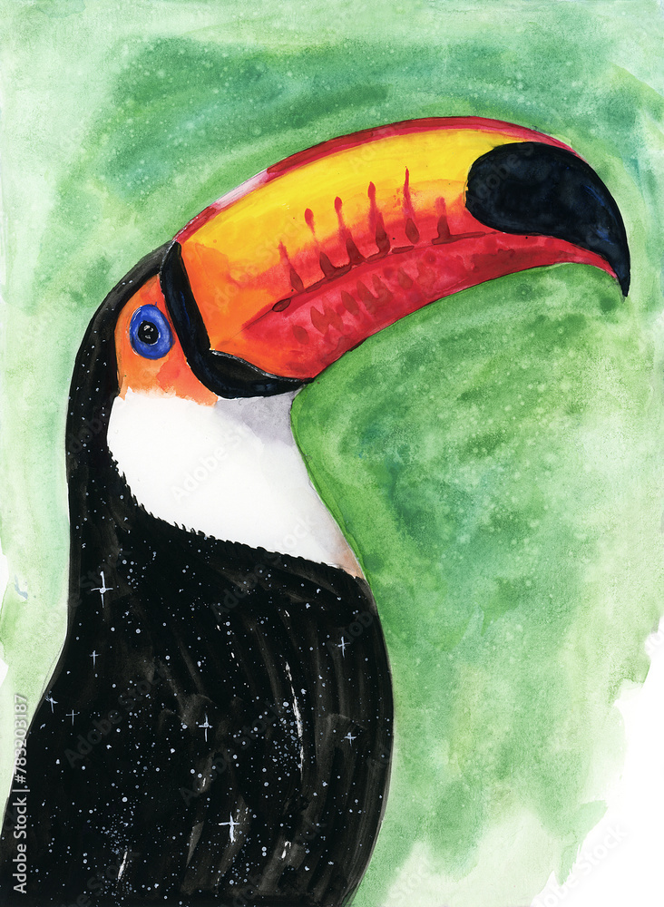 Fototapeta premium Watercolor illustration of a beautiful toucan with a colorful red-orange large beak and black feathers (This illustration was drawn by hand without the use of generative AI!)