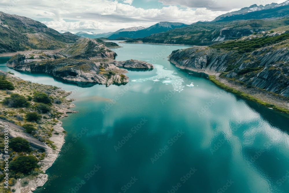 Fototapeta premium Lake nestled among mountains and trees seen from above