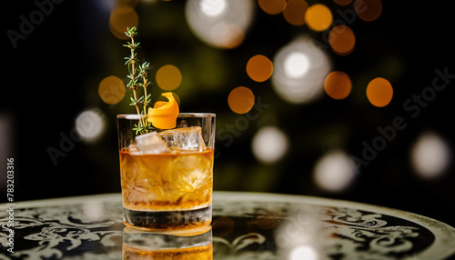 A classic whiskey cocktail in a short glass over ice and garnished with a twist of orange peel and a small sprig of thyme