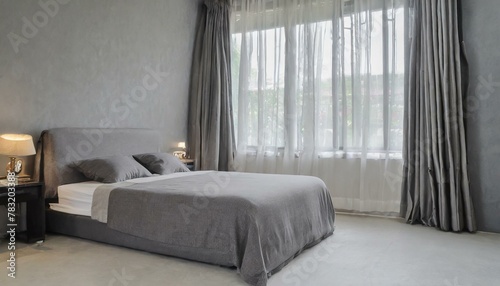 Grey grey team bedroom and curtain,bedroom, bed, room, interior, hotel, furniture, home, window, house, design, lamp, luxury, pillow