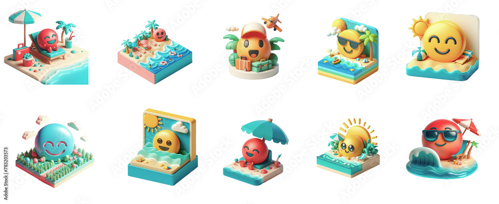 Isometric beach icons set. Cartoon set of beach vector icons for web design Isometric beach icons set. Cartoon set of beach vector icons for web design