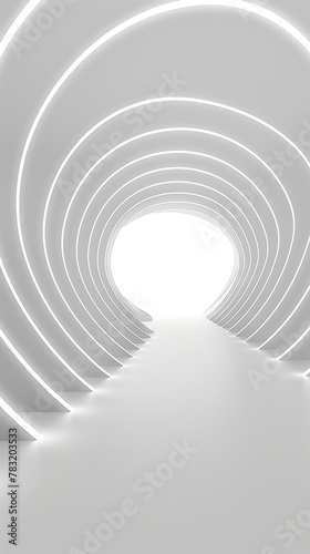 Abstract white tunnel with glowing light ring in the style of a futuristic sci-fi style  empty room background. Abstract modern design for product presentation 9 16