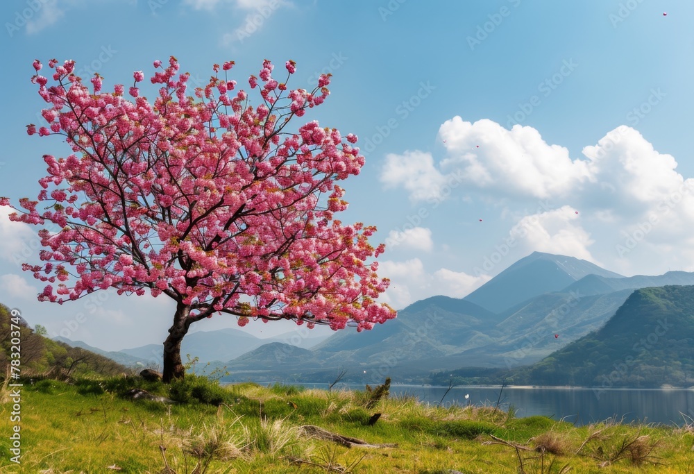 Cherry blossom tree in a grassy field with mountains under a cloudy sky Cherry blossom tree in a grassy field with mountains under a cloudy sky