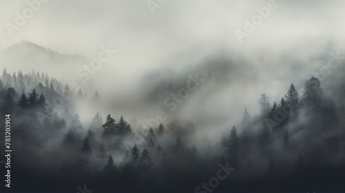 An aerial view of a foggy pine forest scene.