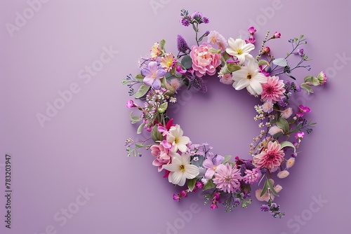 Flower wreath. Round shaped wreath made of colorful flowers, isolated on a purple background. Floral flat lay. aesthetic spring design idea, easter decoration creative idea. Springtime. No people © Marina Demidiuk