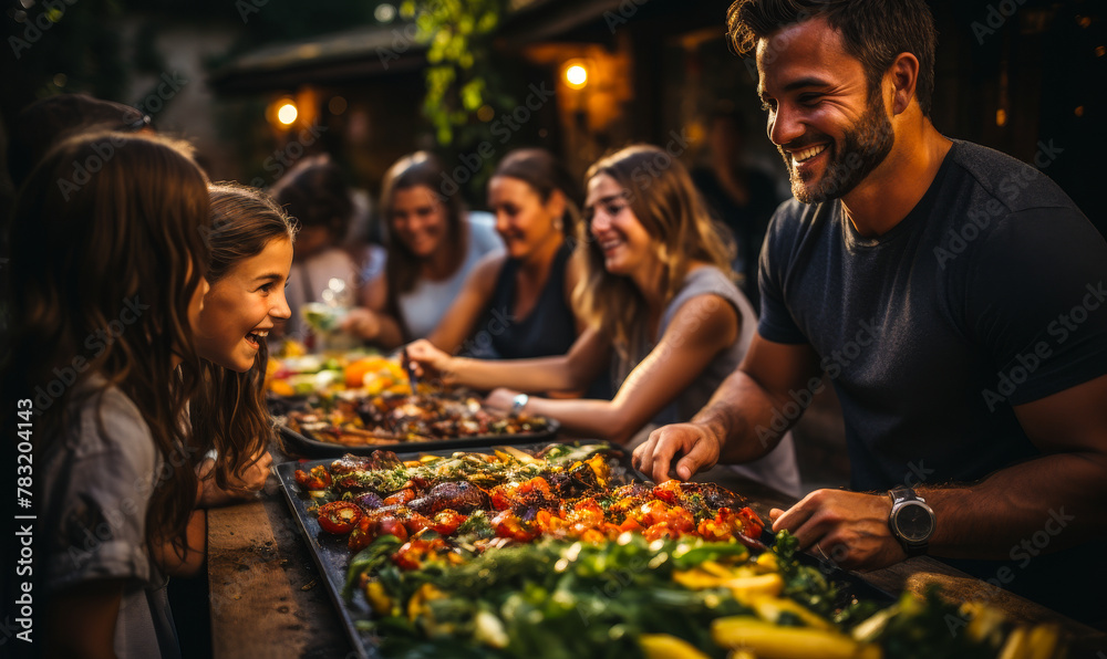 Multigenerational Family Enjoying a Lively Outdoor Feast with Barbecue and Fresh Vegetables in a Cozy Home Garden Multigenerational Family Enjoying a Lively Outdoor Feast with Barbecue and Fresh Vegetables in a Cozy Home Garden