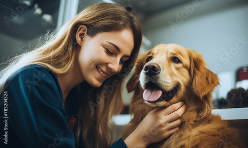 Compassionate Vet Tenderly Petting Loyal Golden Retriever During Routine Checkup in Pristine Clinic