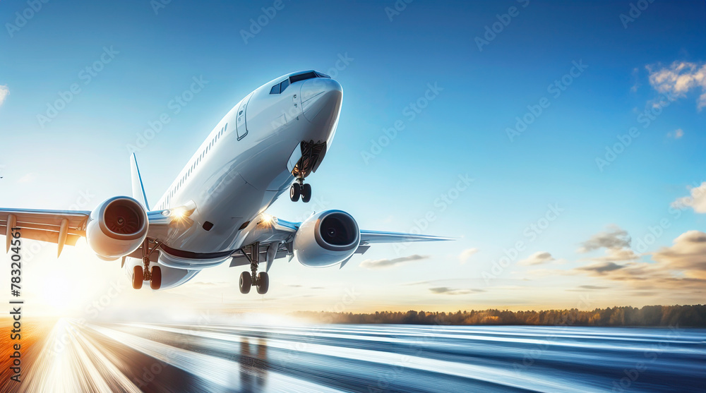 Obraz premium White passenger airplane flying in the sky amazing clouds in the background