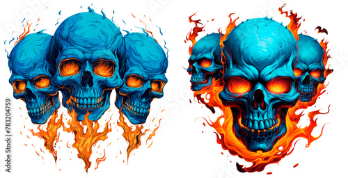 Set of 3 bluish skulls on fire, isolated on transparent background. Halloween illustration