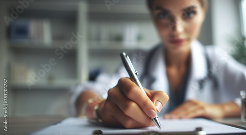 Close-up of a young female doctor's hand writing medical notes on a document in her office. There is ample copy space