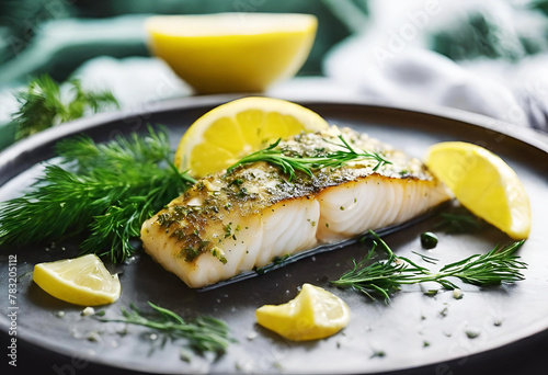 Grilled salmon with lemon and dill on a white plate, a delicious seafood dinner option