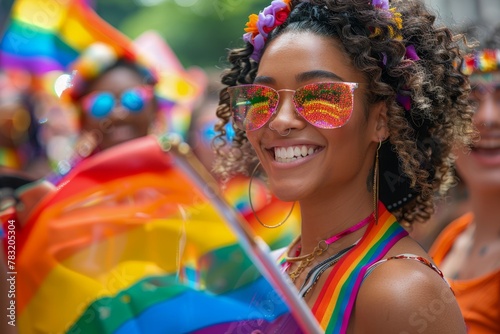 A young woman with a rainbow flag takes part in the festival by the LGBT community
