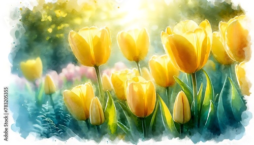 Blooming field of yellow tulips in watercolor painting style. Digital painted art for background, card, postcard, wall art, clip art or craft. #783205355