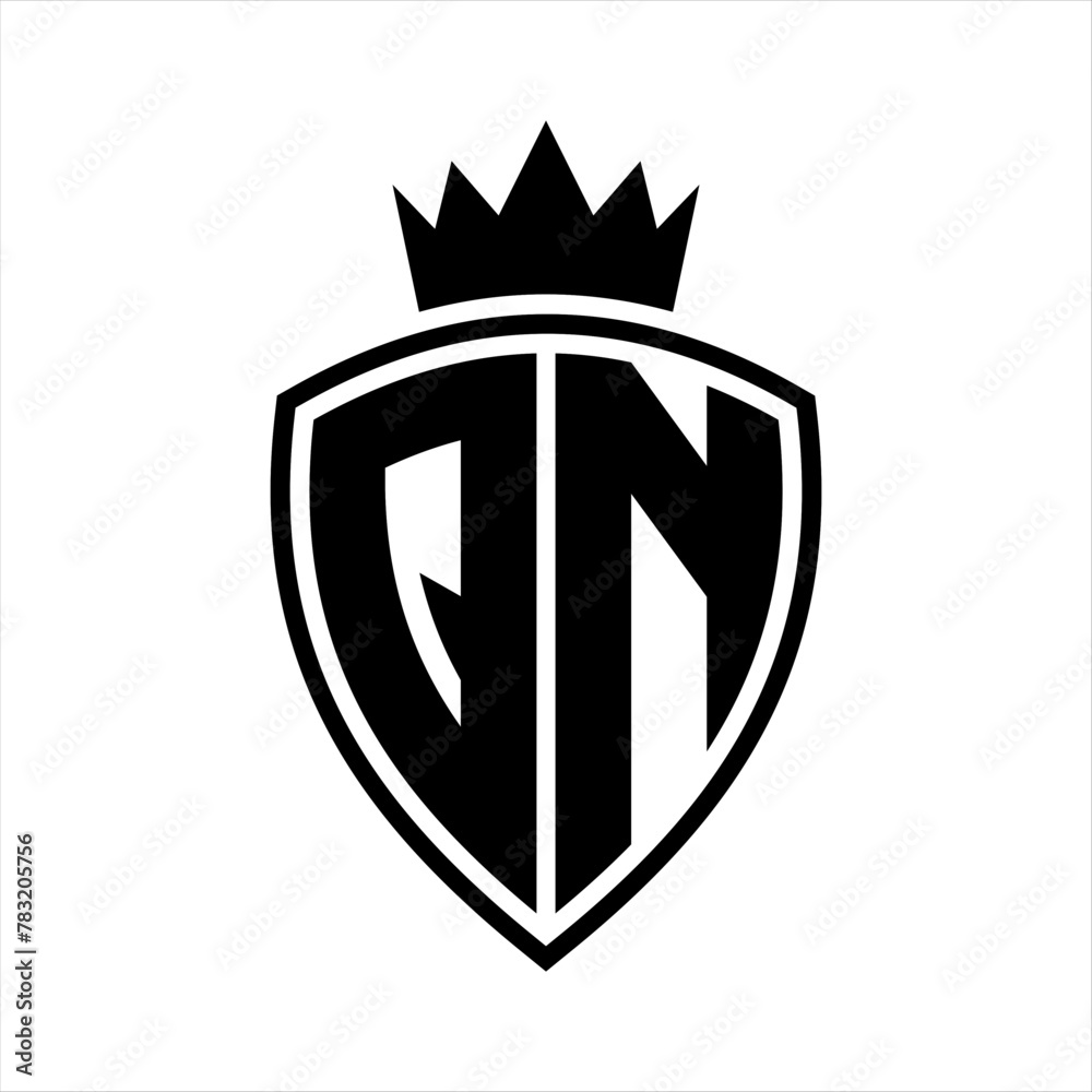 QN Letter monogram shield and crown outline shape with black and white color design QN Letter monogram shield and crown outline shape with black and white color design