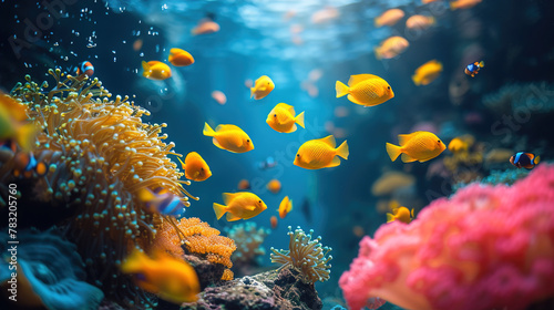 The breathtaking beauty of aquarium vibrant fish and lively corals come together to create a captivating underwater wonderland 