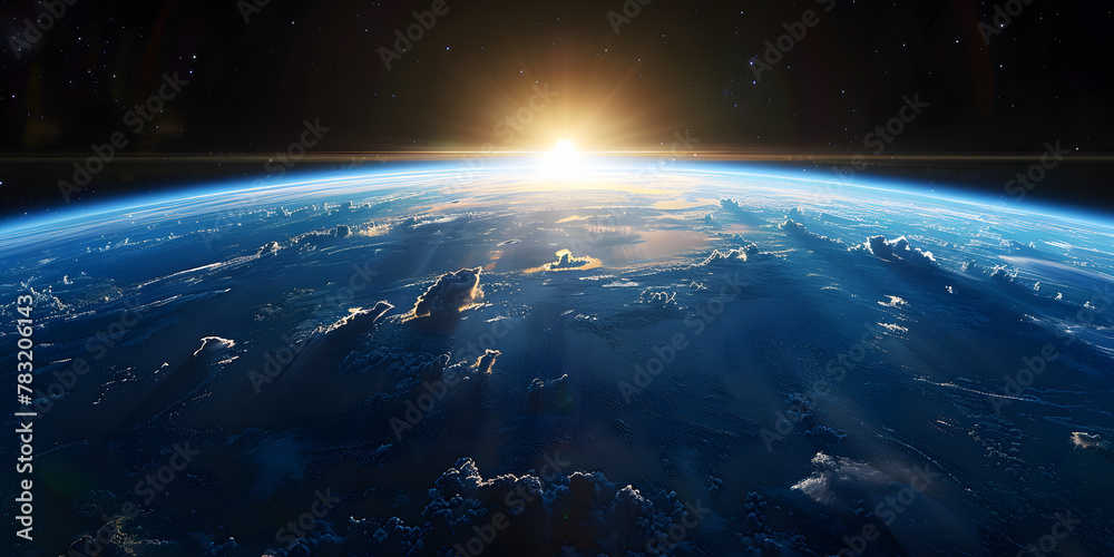 wide shot of the earth from space, blue horizon, black sky, bright sun in upper 