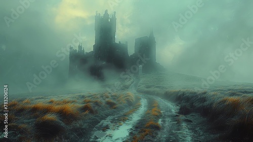 Illustrate the eerie tranquility of the misty moors from Wuthering Heights in a digital glitch art piece, blending the wild nature with subtle hints of the storys dark romance photo
