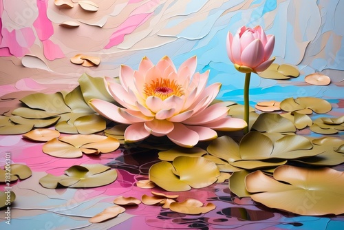 Pink botanical water lily, lotus flower in a lake, pond illustration, nature theme concept.