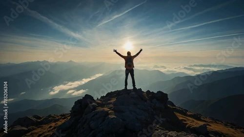 silhouette of a lone person standing on top of a mountain with arms stretched towards the sky to celebrate their success photo