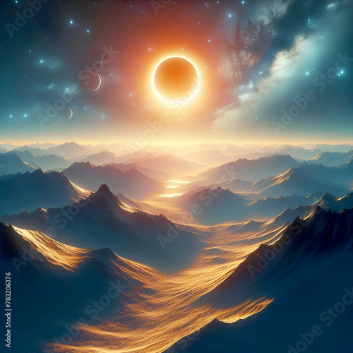 A solar eclipse can be seen in a blue sky, the orange sun can be seen through a telescope - Generative AI photo