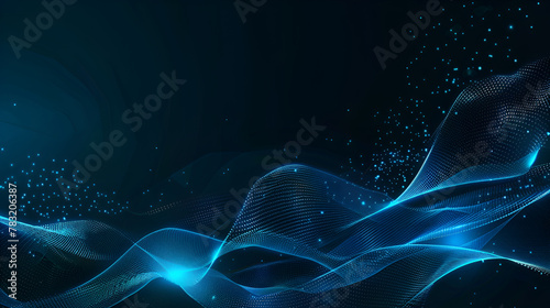 Abstract background with glowing particles, wave lines and bokeh ,Neon glow blue dynamic wave and orange glowing light particles with bionic and cyberspace concept futuristic technology abstract 