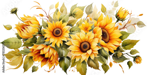 Watercolor sunflowers border isolated on transparent background