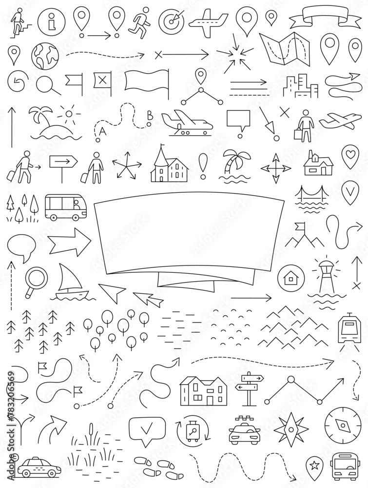 Yearbook travelers notes cover. Map set doodle background. Copy space. Vector editable outline stroke.