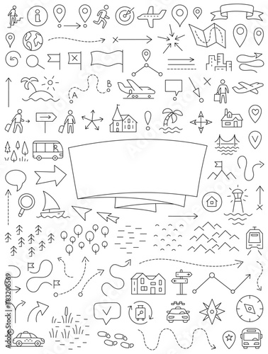 Yearbook travelers notes cover. Map set doodle background. Copy space. Vector editable outline stroke. © ilyakalinin