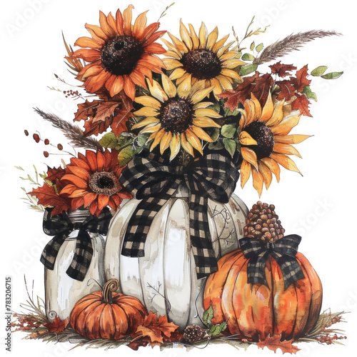 Watercolor Floral arrangement of small pumpkins and sunflowers, with black buffalo check bows on white clay jugs, decorations for fall and Thanksgiving, isolated on transparent background © juliiapanukoffa