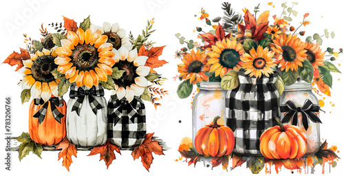 Set of watercolor Floral arrangement of small pumpkins and sunflowers, with black buffalo check bows on white clay jugs, decorations for fall and Thanksgiving, isolated on transparent background © juliiapanukoffa