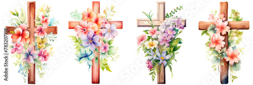 Set of Watercolor, a wood cross with flowers, isolated on transparent background © juliiapanukoffa