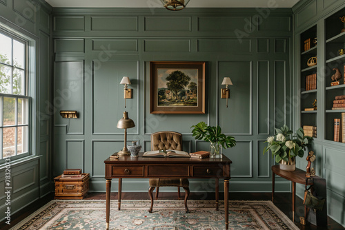 Create an unseen image of a cozy study with soft light-green walls, adorned with vintage brass sconces and a mahogany writing desk