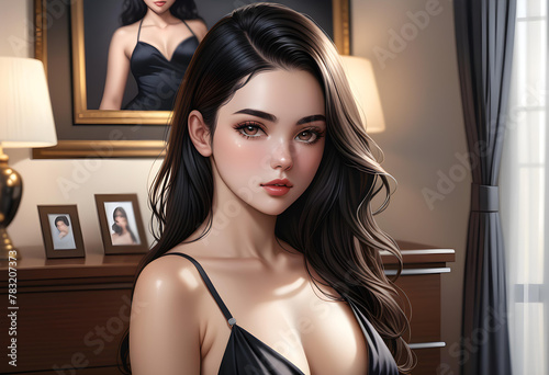 Una chica sensual de pelo negro, observando al espectador con una actitud sensual