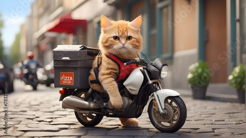 Pizza and food delivery, a cute cat operating a motorbike delivery service in the city, © UZAIR