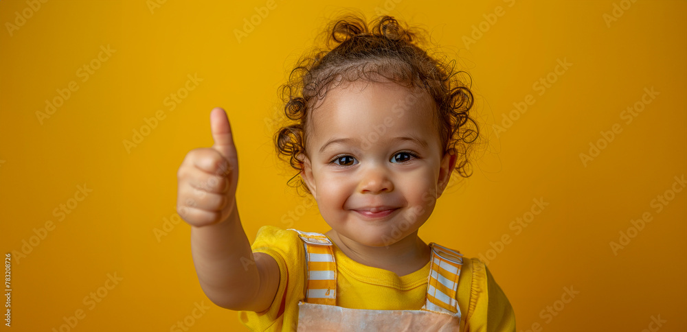 Happy toddler with curly hair giving thumbs up on a yellow background Happy toddler with curly hair giving thumbs up on a yellow background