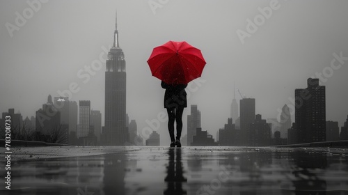 Fototapeta Naklejka Na Ścianę i Meble -  a person walking with a red umbrella on a street