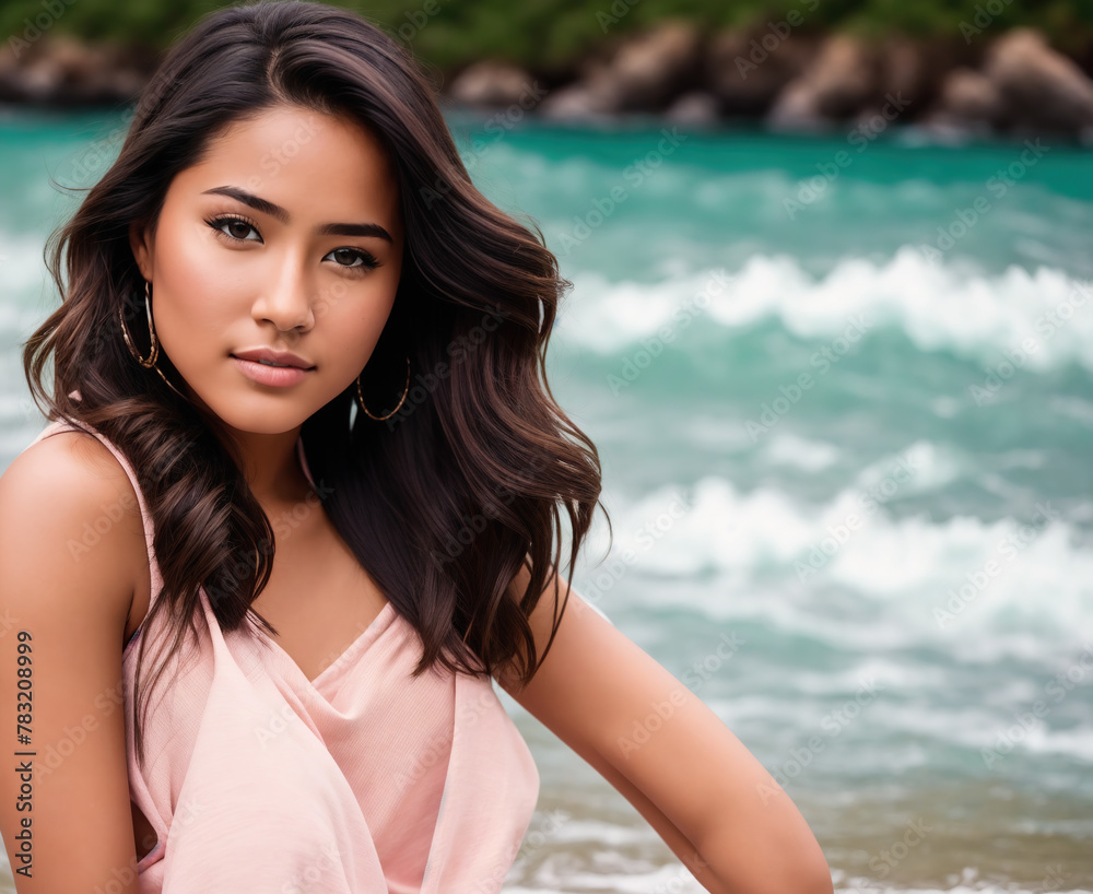 A young woman sitting on the beach wearing a pink dress. A young woman sitting on the beach wearing a pink dress.