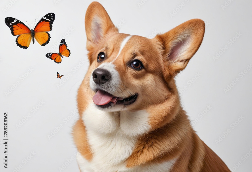happy corgi dog sitting with a butterfly on his nose on a white background