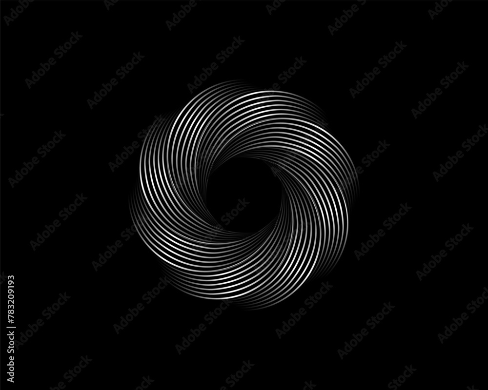 Metallic Abstract Flower Vortex, vector geometric circles logo design isolated on black background. Technology round in wave elements